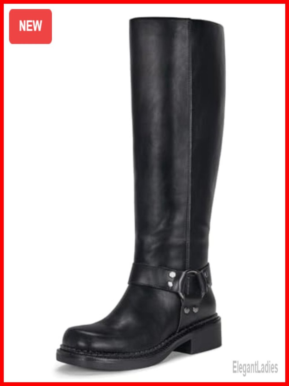 Square Toe Knee High Riding Boots Chunky Heel Side Zip Faux Leather